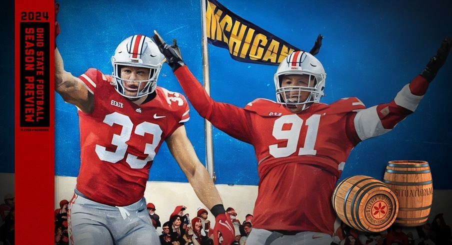 Sep 16, 2022; Columbus, Ohio, United States; Ohio State Buckeyes defensive end Jack Sawyer (33) and Ohio State Buckeyes defensive tackle Tyleik Williams (91) celebrate a sack of Toledo quarterback Dequan Finn during the Toledo game.