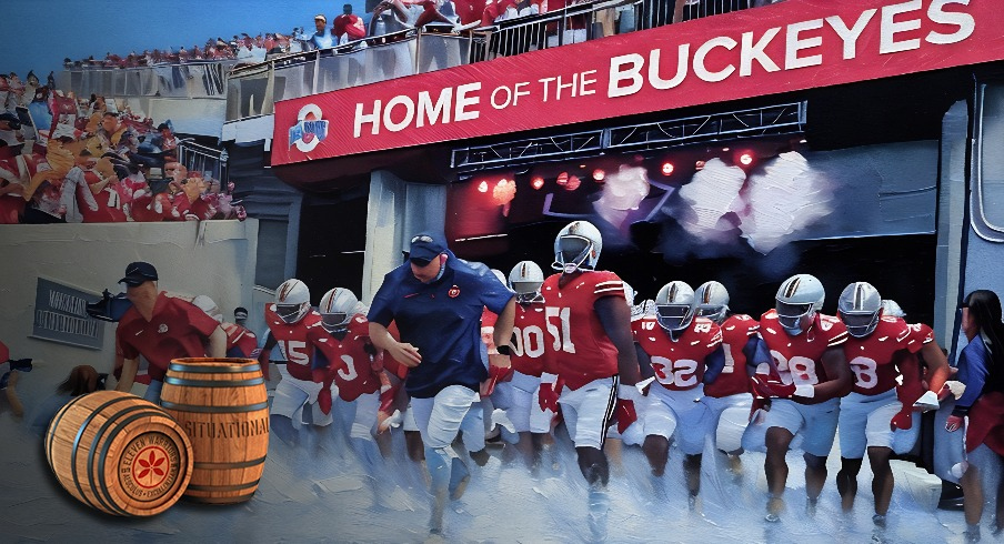 Sep 16, 2023; Columbus, Ohio, USA; Ohio State Buckeyes head coach Ryan Day takes the team out of the tunnel before the game against the Western Kentucky Hilltoppers at Ohio Stadium. Mandatory Credit: Joseph Maiorana-USA TODAY Sports