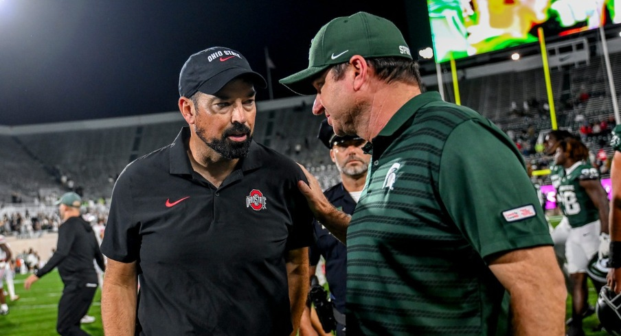 Ohio State head football coach Ryan Day (left) with Michigan State head coach Jonathan Smith (right)