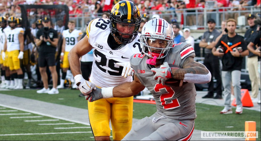 Emeka Egbuka scoring one of his touchdowns vs. Iowa