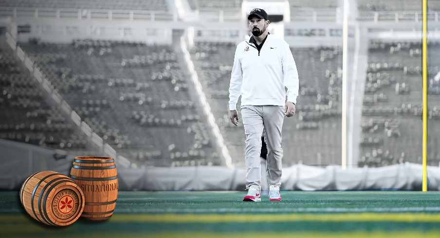 Oct 12, 2024; Eugene, Oregon, USA; Ohio State Buckeyes head coach Ryan Day walks across the field at Autzen Stadium prior to the NCAA football game against the Oregon Ducks.