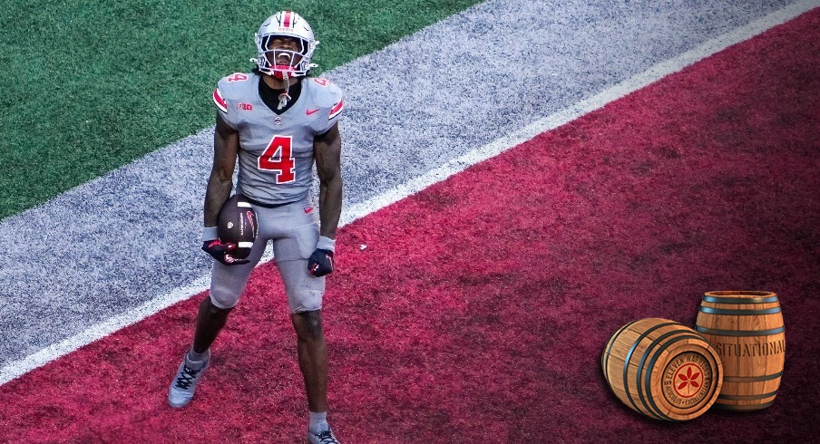 Oct 5, 2024; Columbus, Ohio, USA; Ohio State Buckeyes wide receiver Jeremiah Smith (4) celebrates after scoring a touchdown in the third quarter on Saturday.