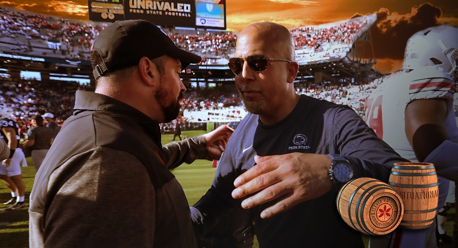 Oct 29, 2022; University Park, Pennsylvania, USA; Penn State Nittany Lions head coach James Franklin (right) shakes hands with Ohio State Buckeyes head coach Ryan Day (left) following the completion of the game against the Penn State Nittany Lions at Beaver Stadium. Ohio State defeated Penn State 44-31. Mandatory Credit: Matthew OHaren-Imagn Images