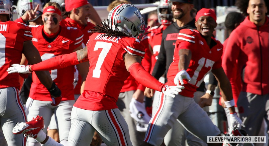 Jordan Hancock celebrates after his game-sealing interception