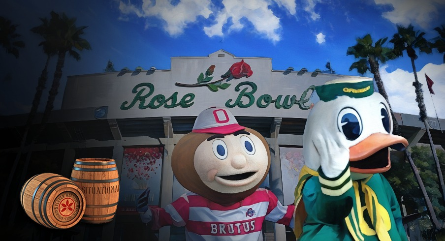 Oct 12, 2024; Eugene, Oregon, USA; Ohio State Buckeyes mascot Brutus and the Oregon Duck interact during the first half of the NCAA football game at Autzen Stadium