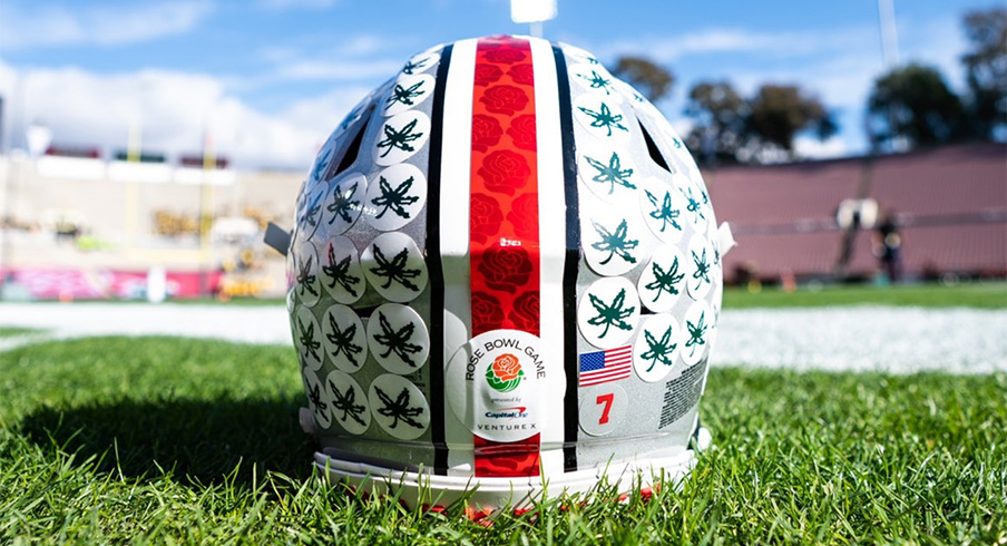 Ohio State's "Rose Stripe" on helmets they will wear in the Rose Bowl Game against Oregon