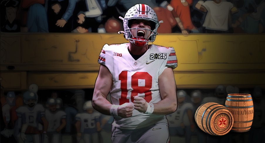 an 20, 2025; Atlanta, GA, USA; Ohio State Buckeyes quarterback Will Howard (18) reacts after a play against the Notre Dame Fighting Irish during the second half the CFP National Championship college football game at Mercedes-Benz Stadium. Mandatory Credit: Mark J. Rebilas-Imagn Images