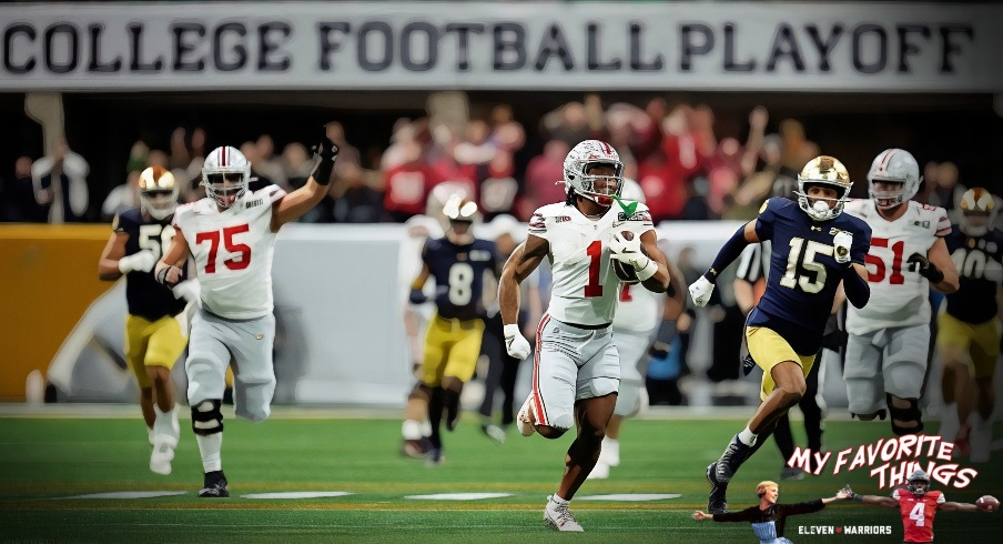 Ohio State Buckeyes running back Quinshon Judkins (1) gets away from the Notre Dame Fighting Irish defense on a long run in the third quarter during the College Football Playoff National Championship at Mercedes-Benz Stadium in Atlanta on January 20, 2025