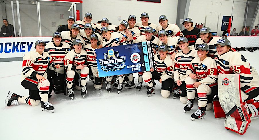 Ohio State women’s hockey celebrating its regional final win over St. Lawrence