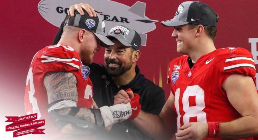 Jack Sawyer, Ryan Day and Will Howard embracing